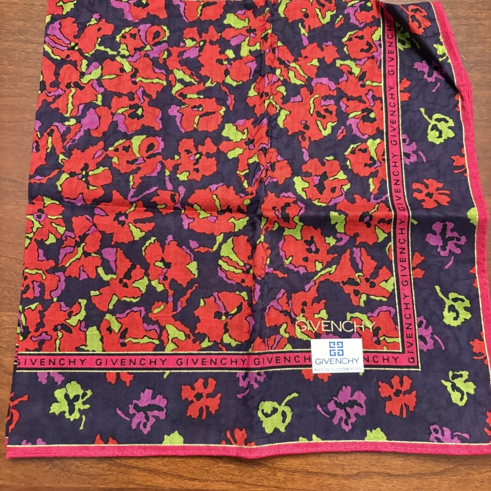 GIVENCHY Scarf Handkerchief Floral Print Cotton Navy Red Fashion Accessory 18"